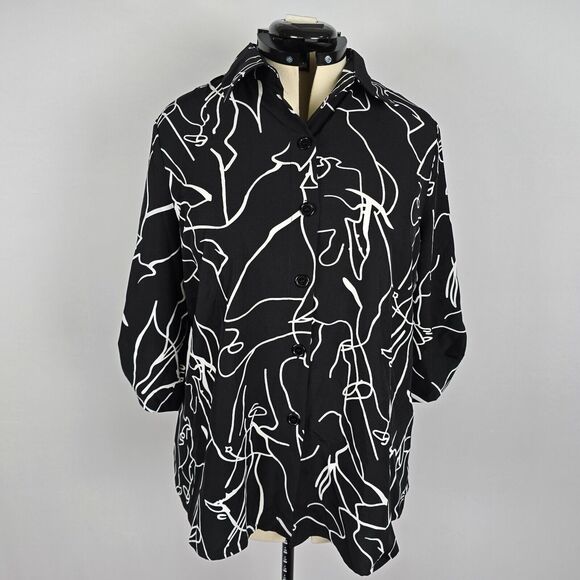 Bloomchic Button Down Blouse Long Tab Sleeve Black White Lines Size L NWT - Picture 1 of 9